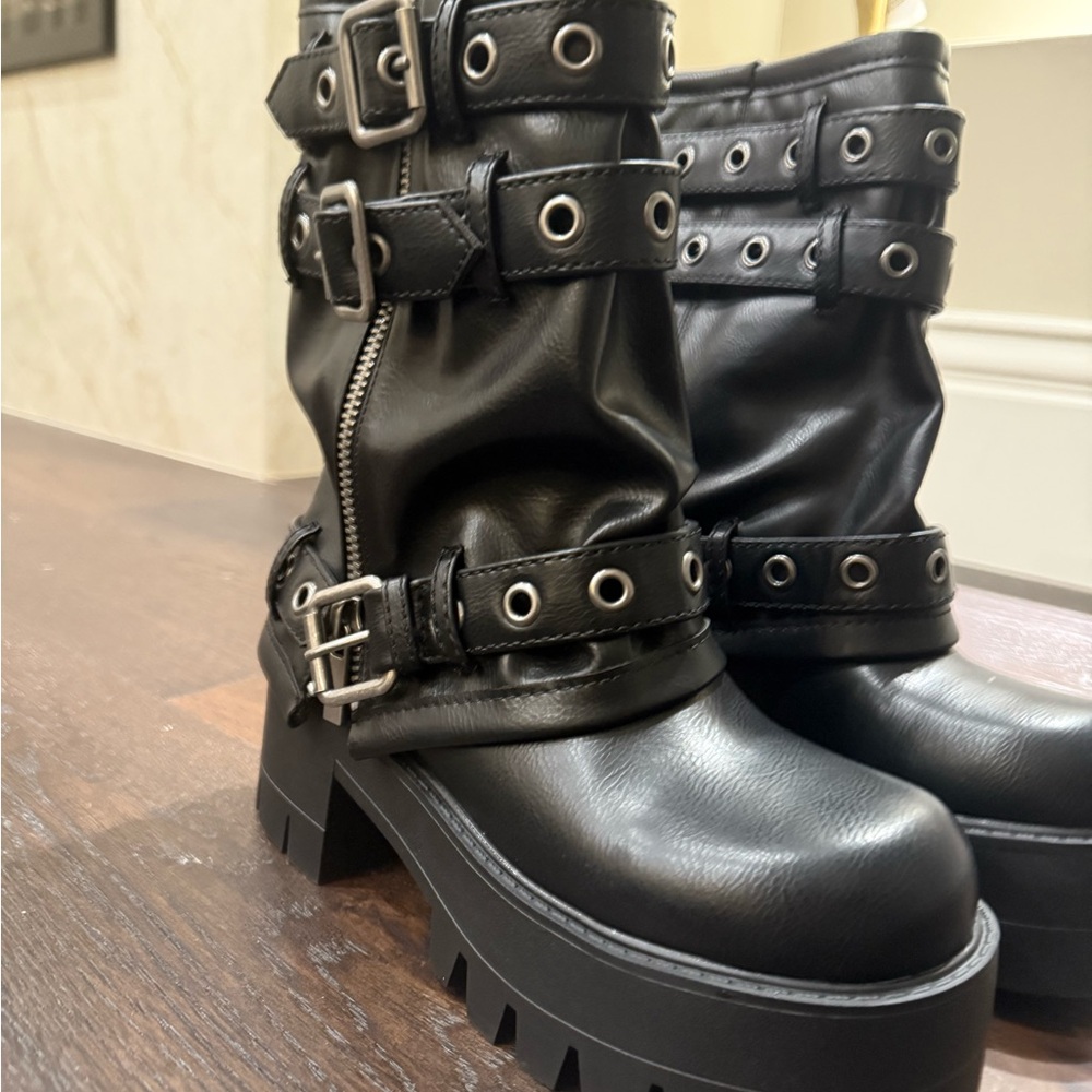 Dolls Kill Black Combat Boots with Buckle Straps - Picture 3 of 8